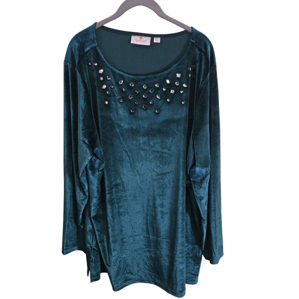 Quacker Factory Emerald Green Velvet Embellished Tunic Top Chunky Stones Size XL